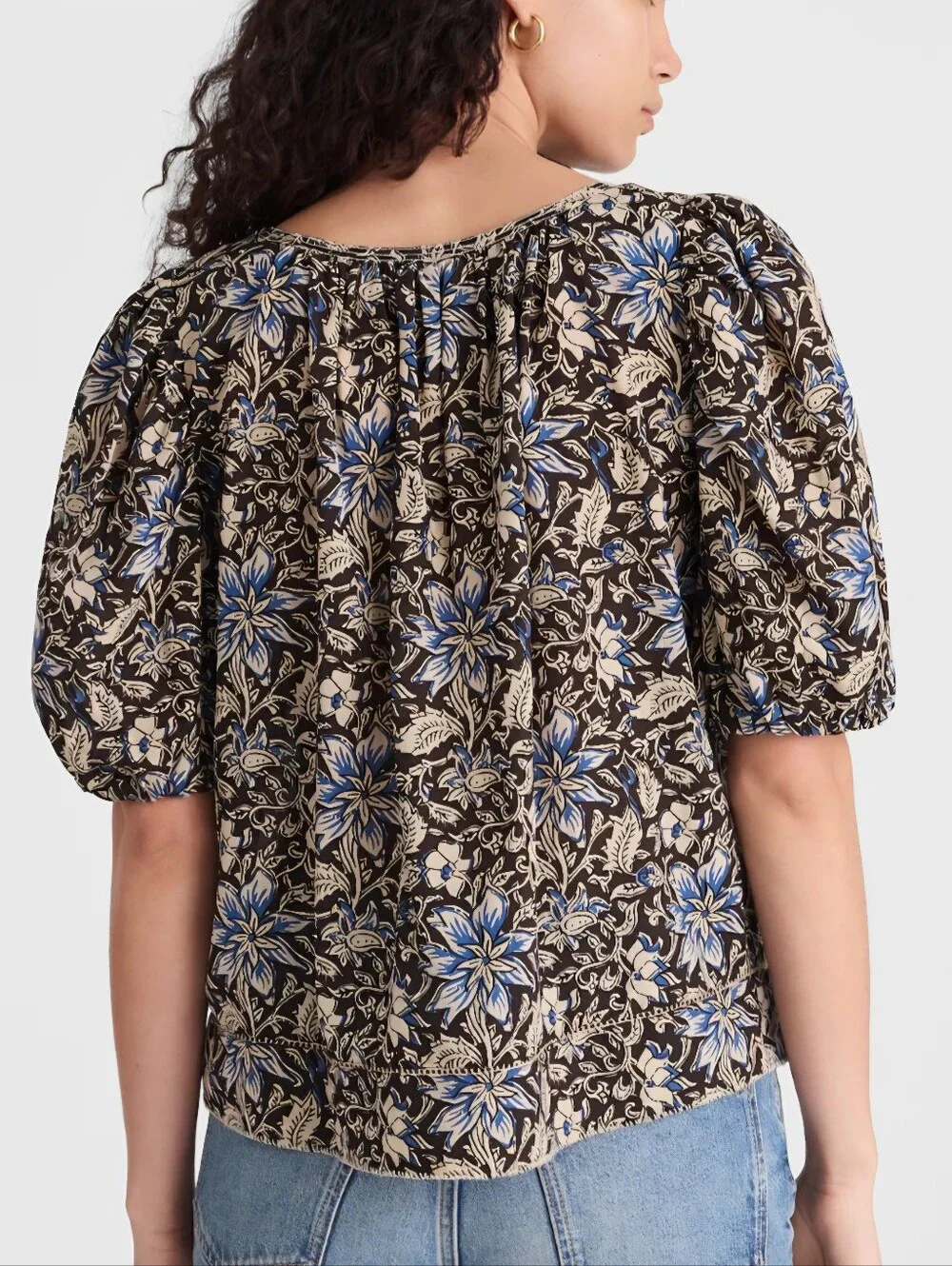 Madewell Floral Puff-Sleeve Peasant Top in Brown and Blue,Suze XL - Picture 2 of 16